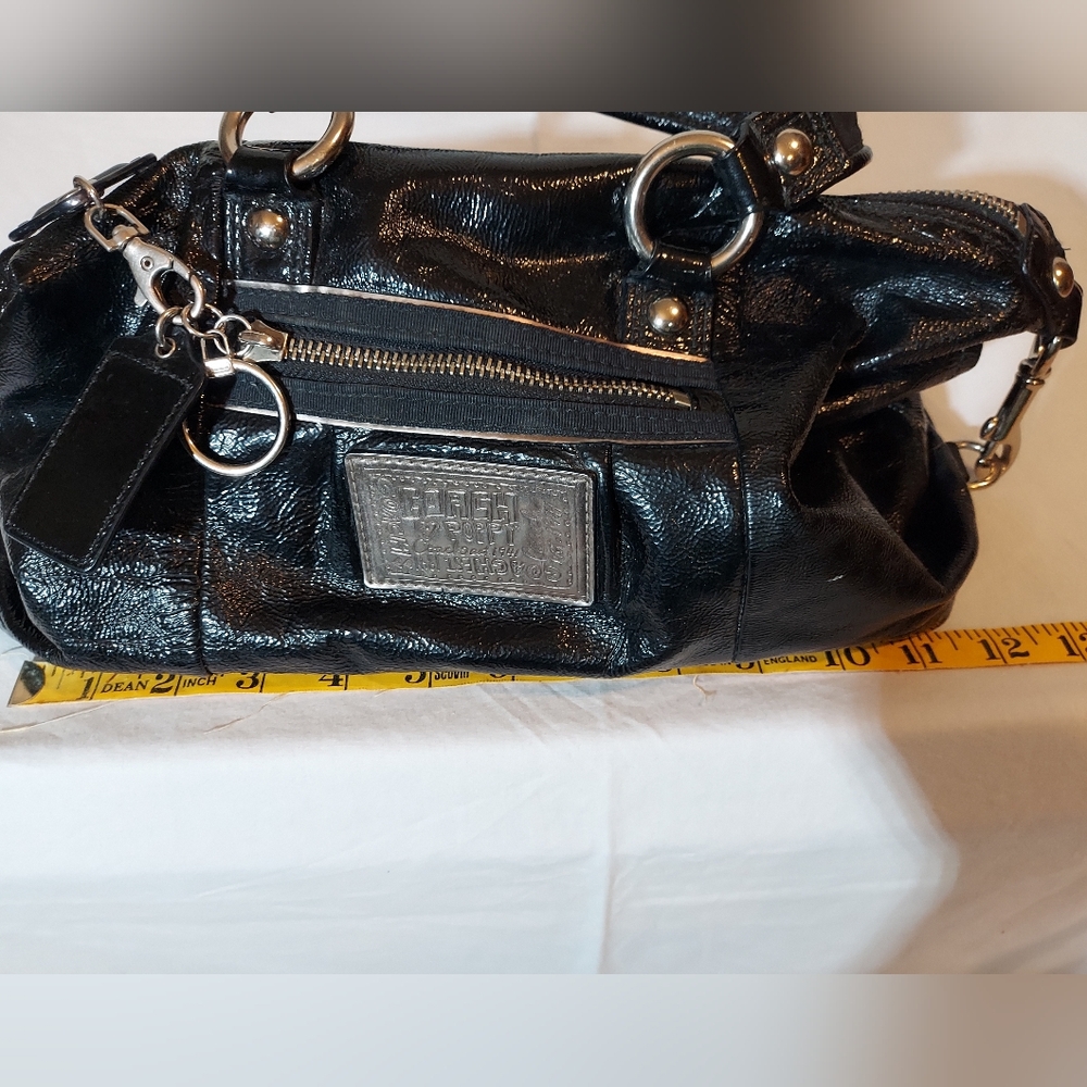 Coach Poppy Black Patent Leather Satchel With Silver Hardware And Teal Lining - Picture 11 of 12